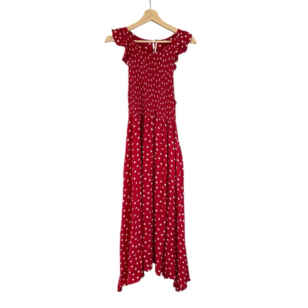 Free People Butterflies Smocked Midi Dress in Red Polka Dot - Picture 4 of 14